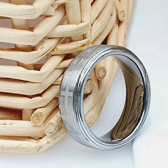 "Cross Silver Tungsten Wedding Band, GALTUN089 - Picture 4 of 5